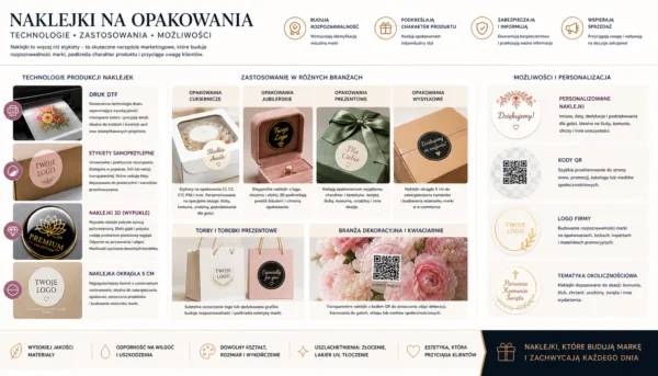 Infografika o technologiach i zastosowaniach naklejek na opakowania