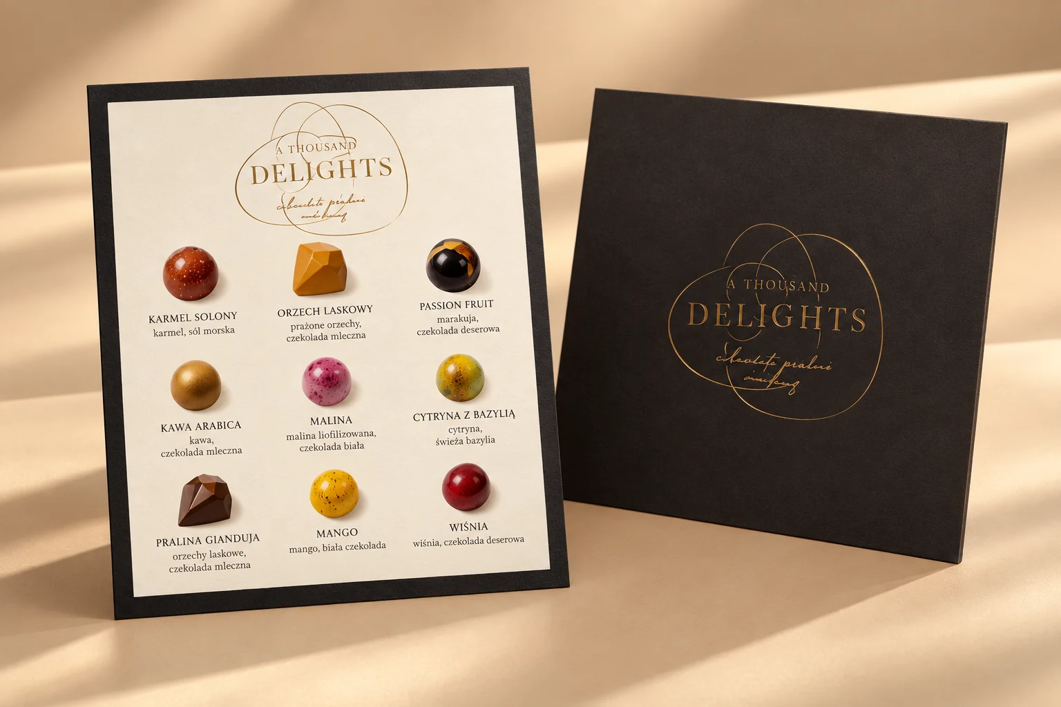 Karta smaków pralin i czarna karta A Thousand Delights