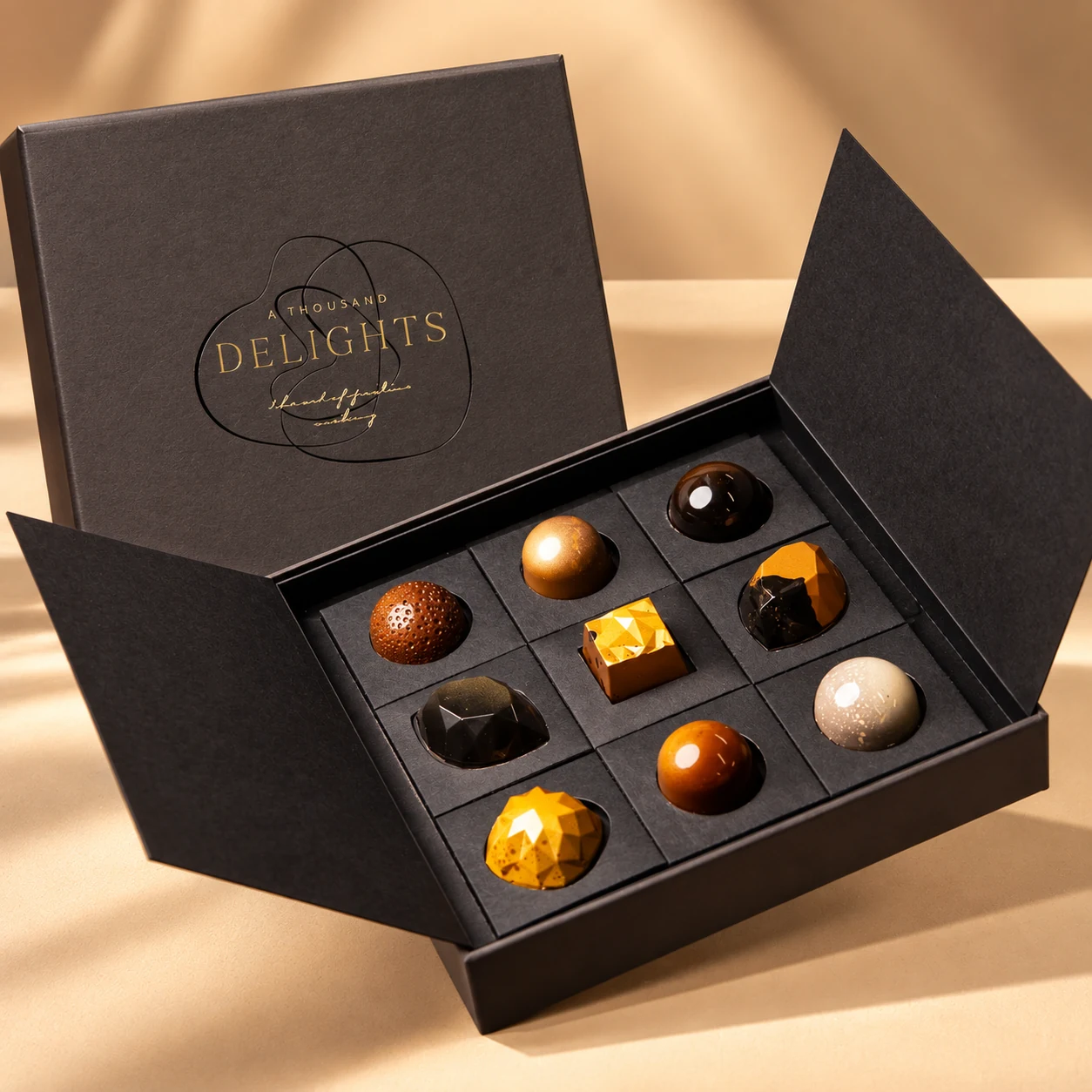 Otwarte ciemne pudełko A Thousand Delights z dziewięcioma pralinami